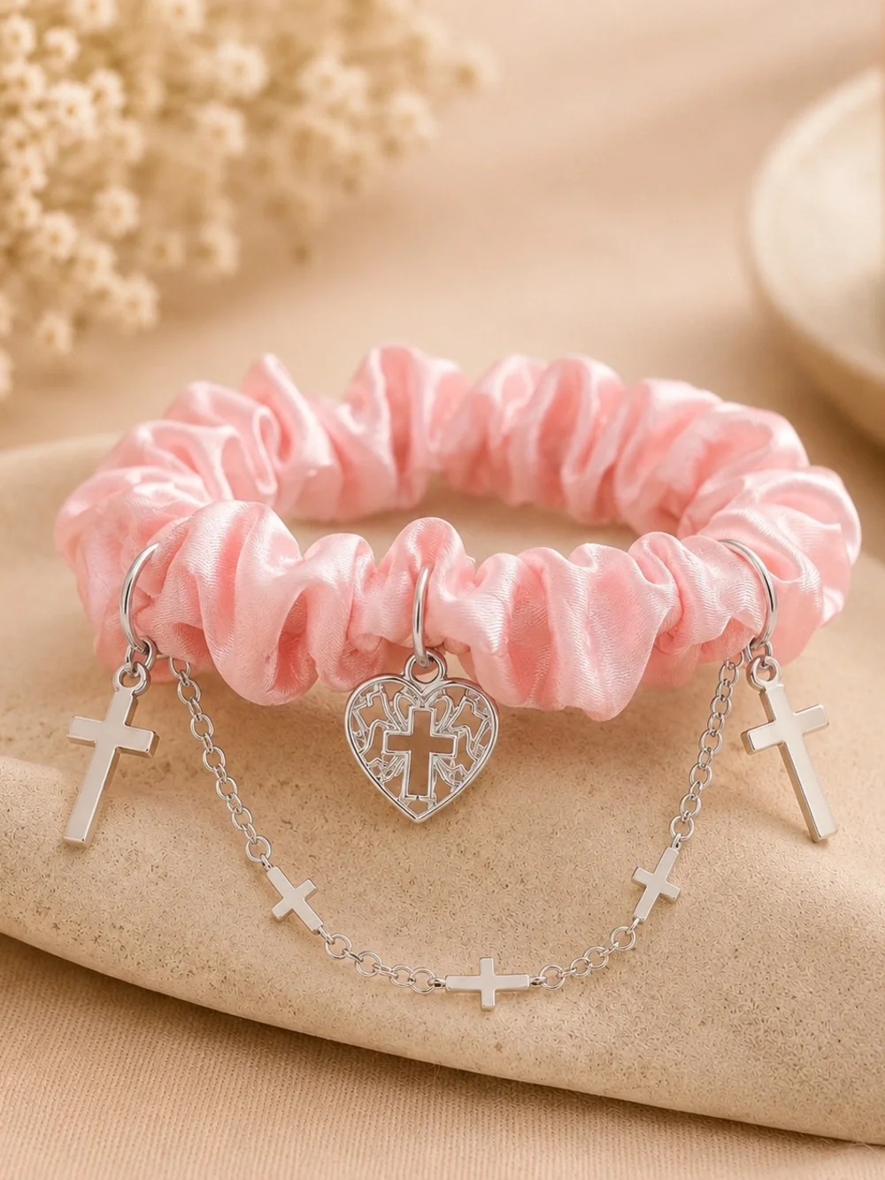 Pink Satin Cross Charm Scrunchie Bracelet - Kids Accessories